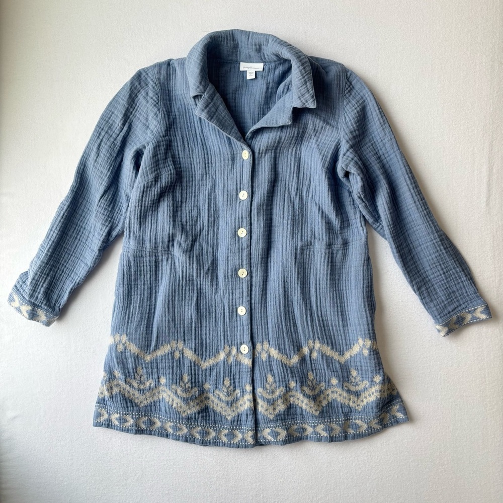 Pure Jill Cotton-Gauze Embroidered Duster Jacket Womens Small Petite Coastal - Picture 2 of 15